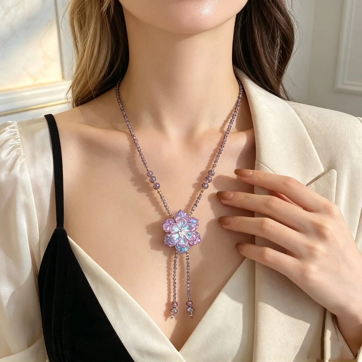 Glänzende lila Kristallblumen-Pulloverkette für Damen und Herren, Vintage-Halskette mit Kordelzug, Perlen, Y-förmiger Quasten-Blumen-Choker-Schmuck – Detail 9