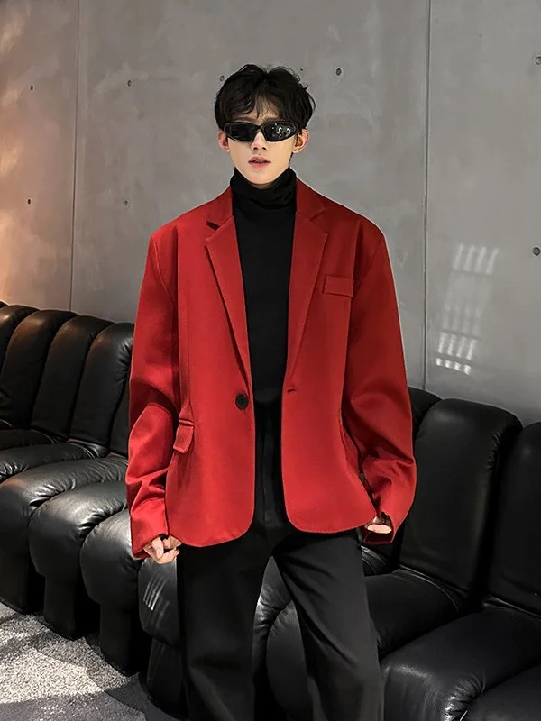 

Мужской шерстяной пиджак на осень-зиму, цвет «красное вино», в корейском стиле, на одной пуговице, модный и трендовый