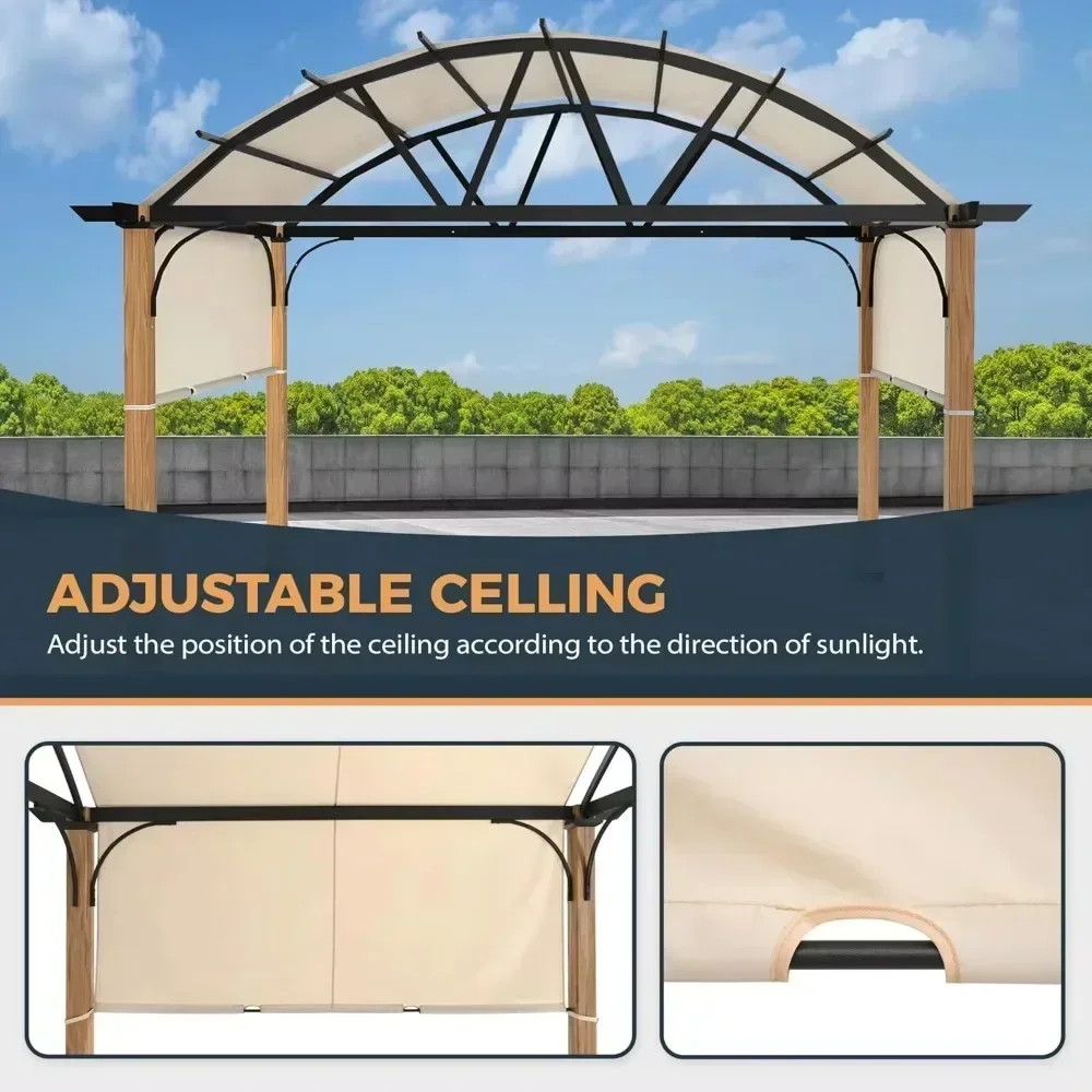 

-10' X 13' Outdoor Pergola With Sling Retractable Canopy And Wood Grain Aluminum Frame, Arched Pergola For Patio, Deck, Backyard