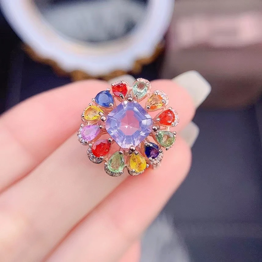 

KJJEAXCMY Boutique Jewelry 925 Sterling Silver Inlaid Natural Amethyst+Colorful Sapphire Girl Ring Girlfriend Birthday Party