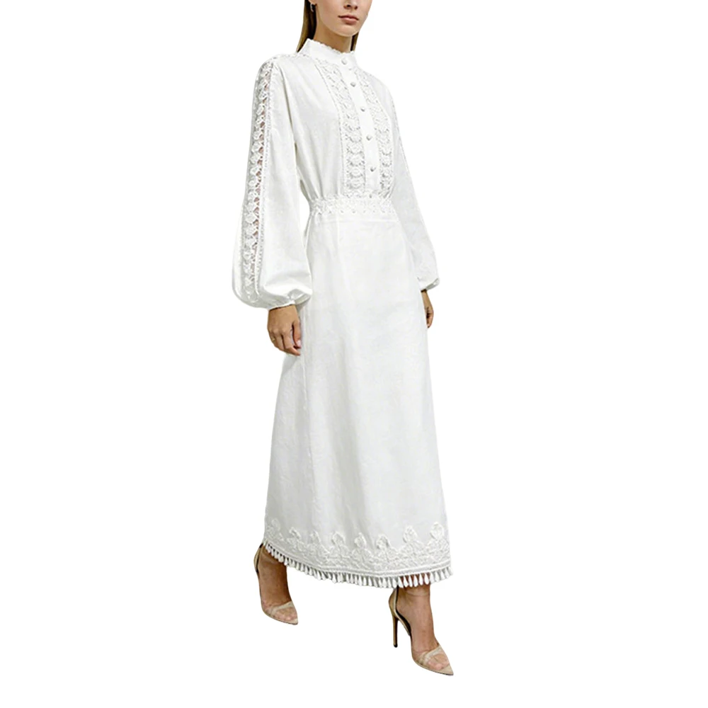 

Vintage Hollow Out White Two Piece Dress Set Fashion Elegant Lantern Sleeve Party Gown High Waist A Line Skirt Club Night Outfit