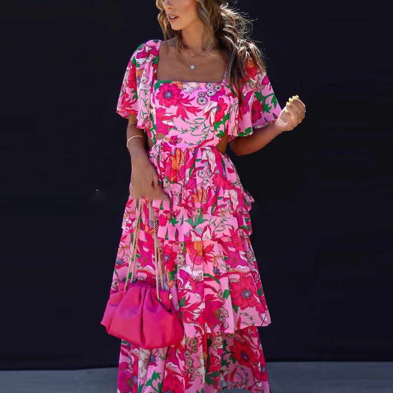 Sexy gola quadrada manga curta vestido de festa feminino casual em camadas plissado vestido boêmio novo floral impressão cintura oca vestido longo