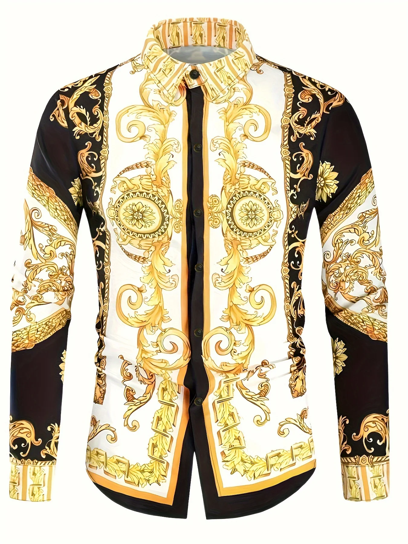 Men's classic luxury retro Baroque digital printed long sleeved shirt casual versatile men's colorful top