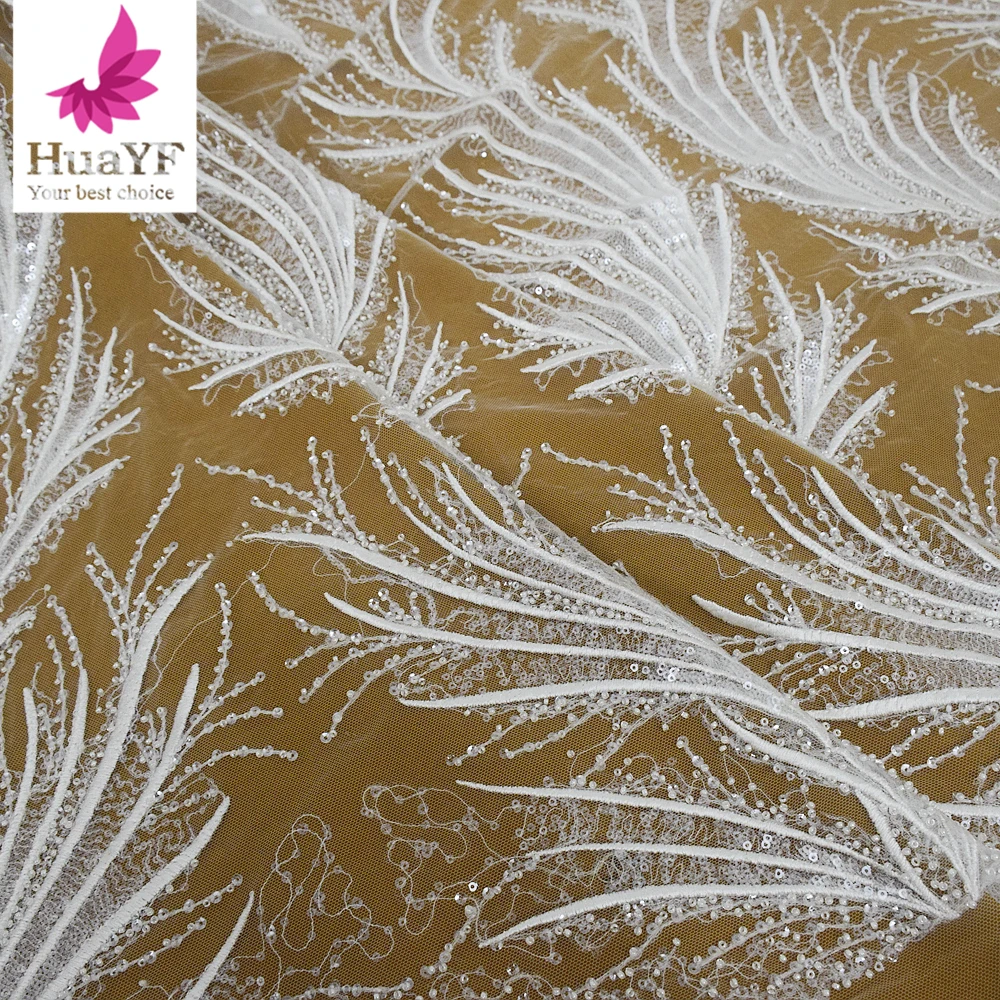 1 Yard French Sequin Heavy Bead Leaf Shaped Tulle White Romantic Bridal Wedding Dress Lace Fabric HY1511