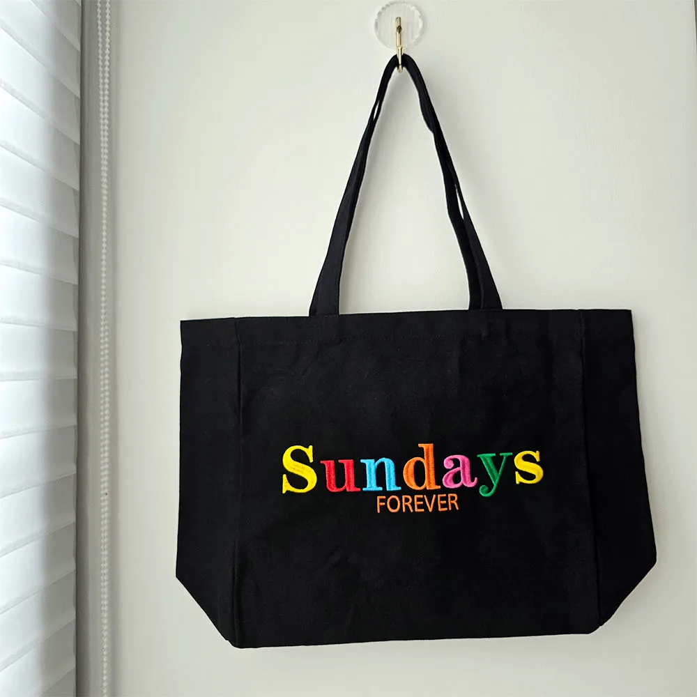 Sundays Forever Rainbow Letters Embroidered Shoulder Tote Bag Women Vintage Style Black Street Fashion 90s Reusable Canvas Bags