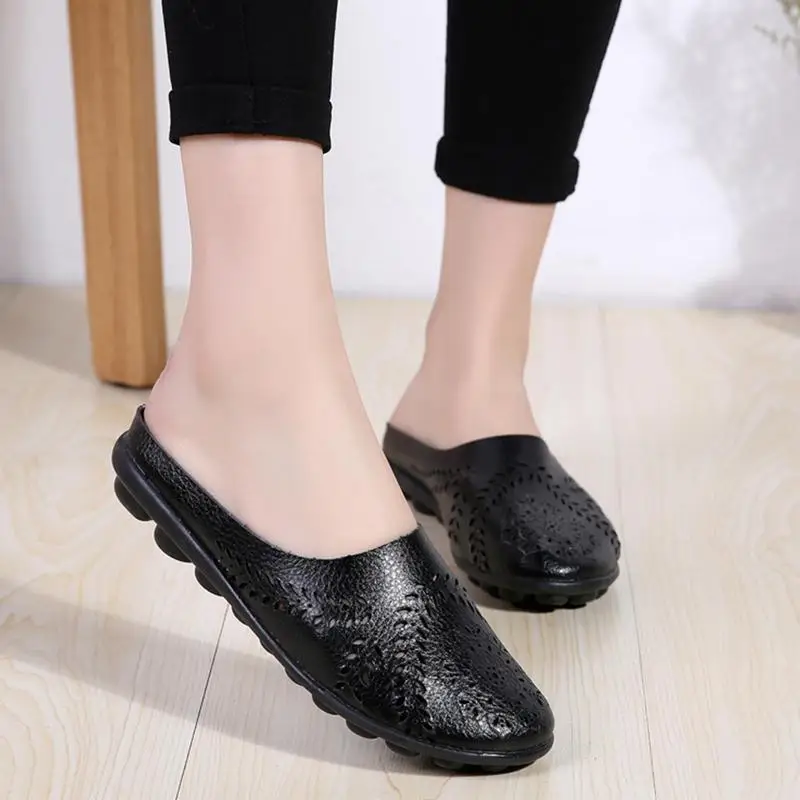 Casual All-match Hollow Slippers House Summer Slippers Leather Loafer Mules Sandals Flats For Women Comfortable Slip-on Loafer