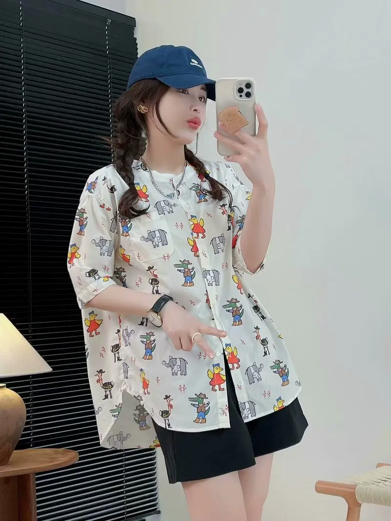 New Spring Cotton Cartoon Print camicie donna O collo camicette dolci allentate ragazza manica corta riduzione dell'età Top 2024 estate T45596QC