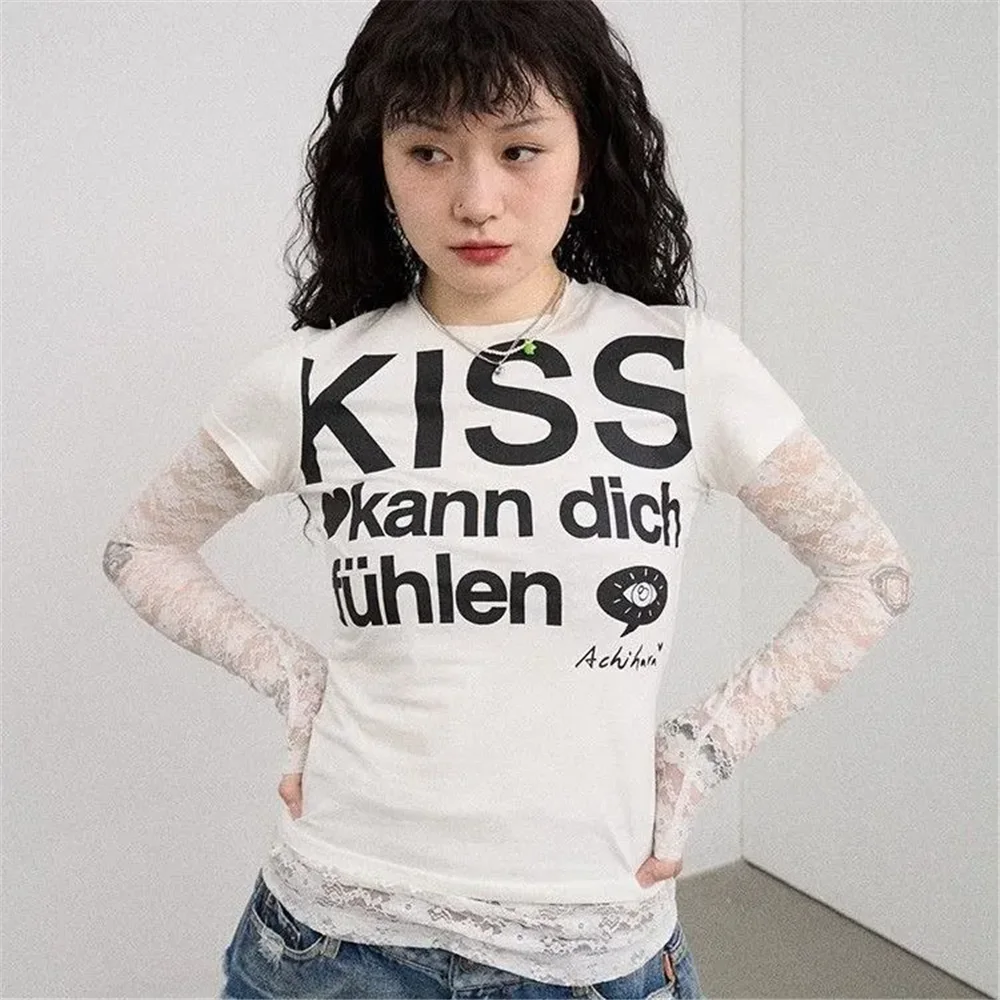 Y2k Letter Print T-shirt American Japanese Retro 90s Fashion 2000s Style Crop Top Vintage Harajuku Short Sleeve Shirt Streetwear