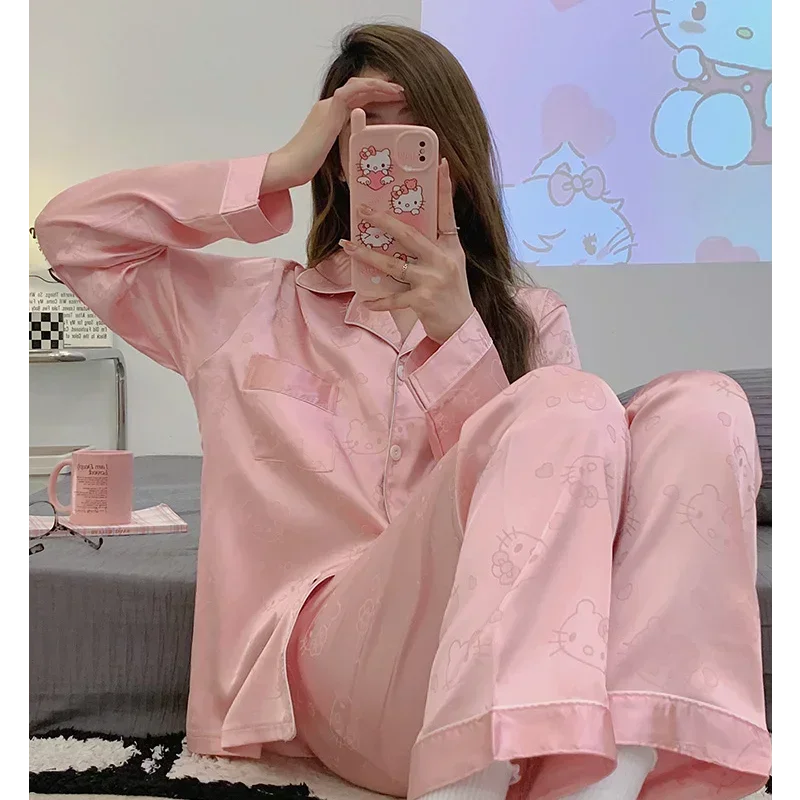 

Sanrio Hello Kitty Autumn Ice Silk Pajamas New Long Sleeve Trousers Two-piece Set Women's Pajamas Homewear Silk Pajamas Women's