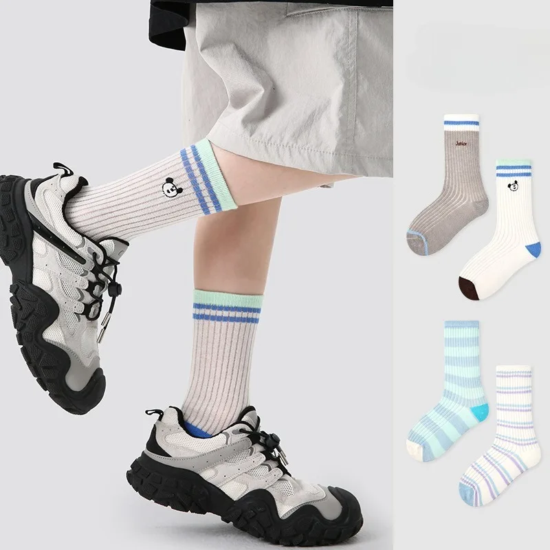 

4 Pairs Summer Kids Boys Mesh Breathable Socks for Girls Daily Wear Striped Stocking 3+y Young Children Cotton Soft Comfort Sock