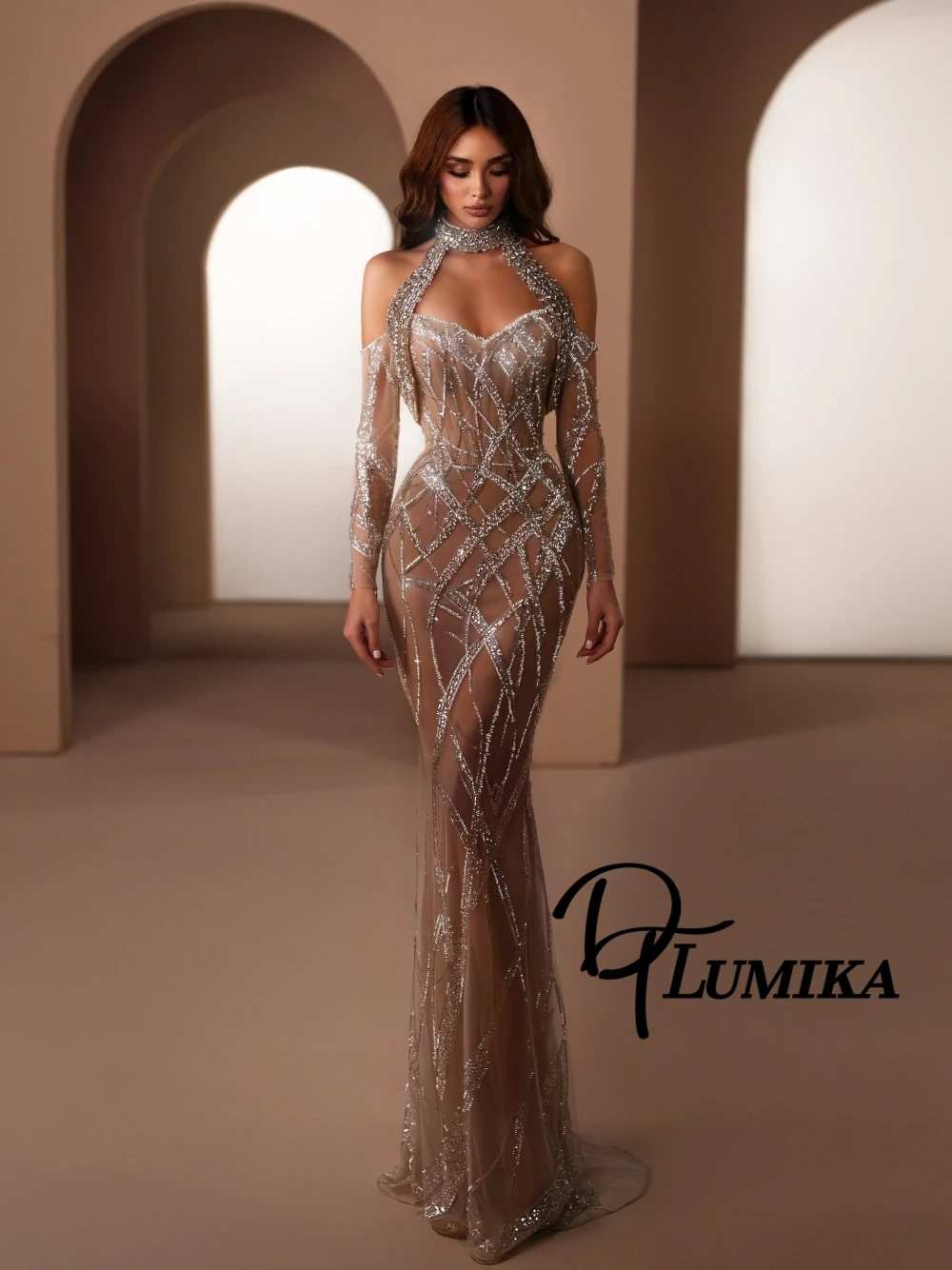 

Nude Lining Chic Halter Neck Celebrity Evening Dress High-end Beaded Sequined Prom Night Bodycon Fit Cocktail Gown Customized