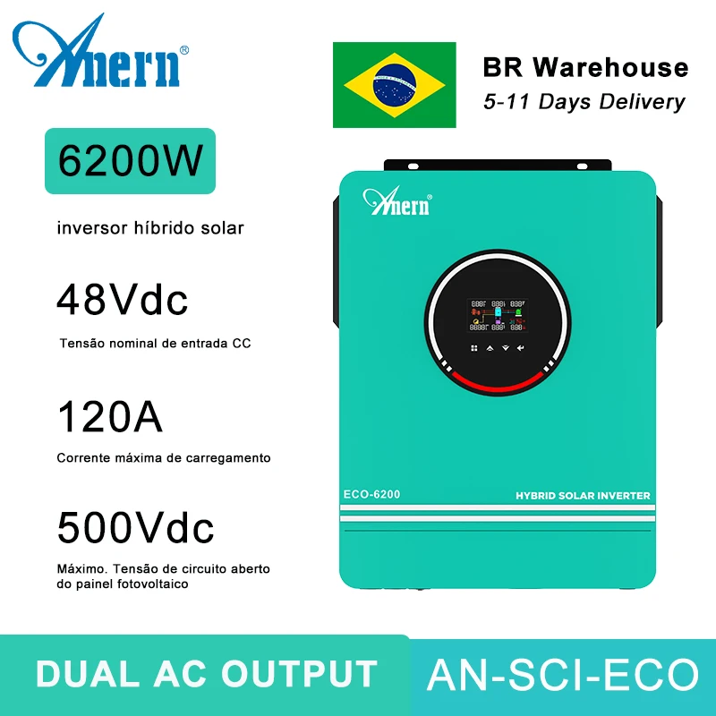 Anern 6.2kw 4.2kw 3kw 1.6kw inversor híbrido fora da rede saída ac dupla mppt 120a na rede inversor solar 48v 24v 12v 230v pv 500vdc