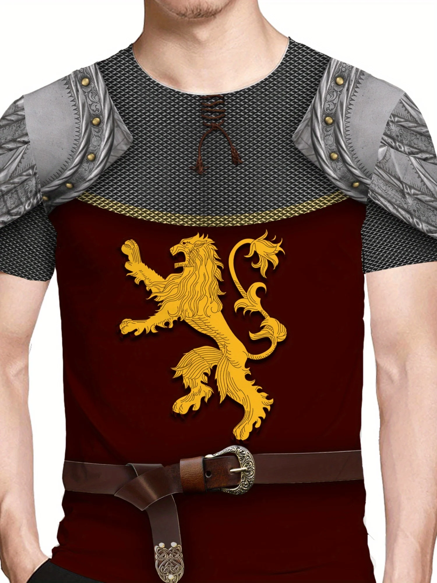 Camiseta masculina com estampa 3D de armadura de cavaleiro retrô – Design de totem de leão, cor marrom e dourada, manga curta, tecido de poliéster macio