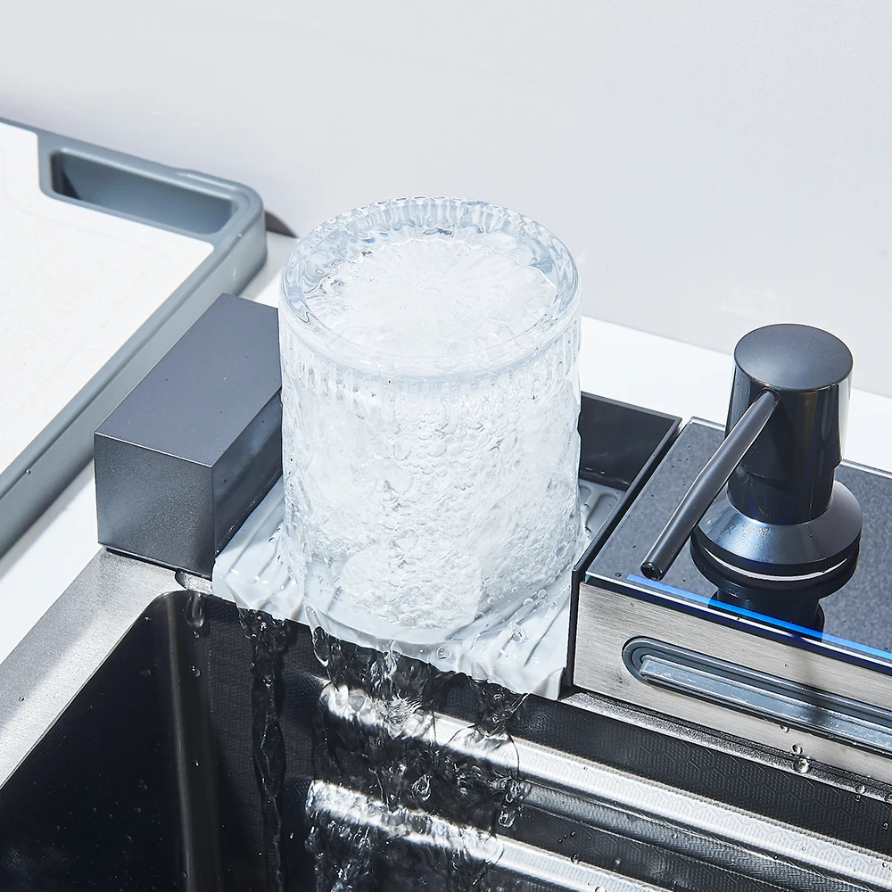 Évier de cuisine cascade en acier inoxydable 304, grand fente unique, ensemble de robinets à affichage numérique intégré, distributeur de savon 75x45cm