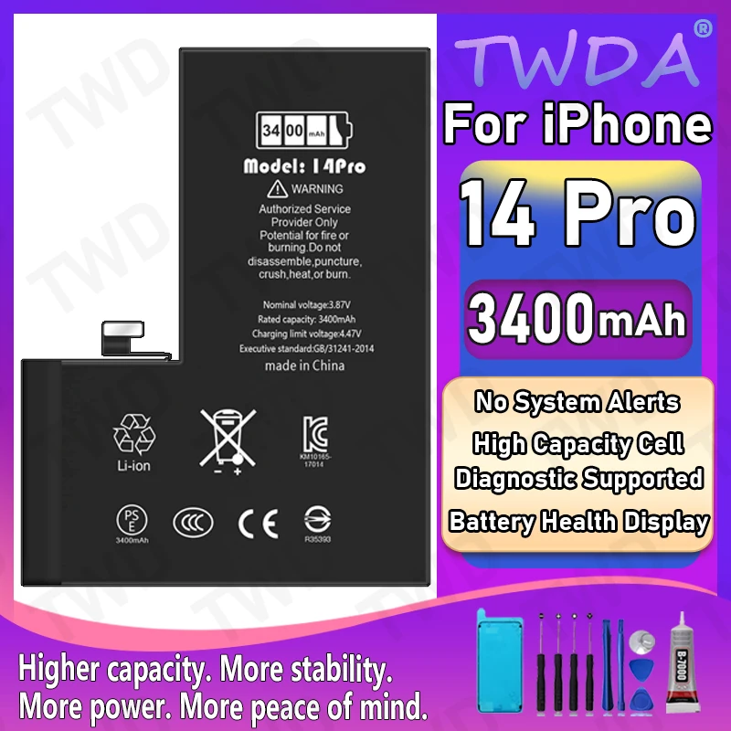 Diagnostic Battery 3400mAh Show Genuine Part No Pop Up Message for iPhone 14 Pro New High Quality Replacement + Free Tools