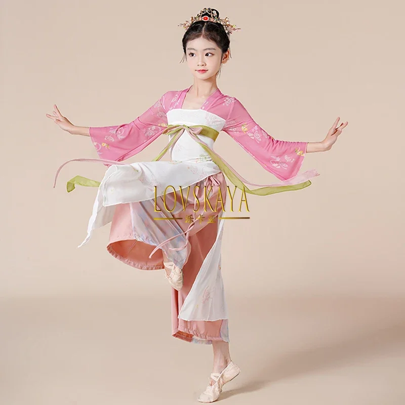 Chinese Hanfu gauze clothing body rhyme long fan dance girl performance costume children classical dance costume