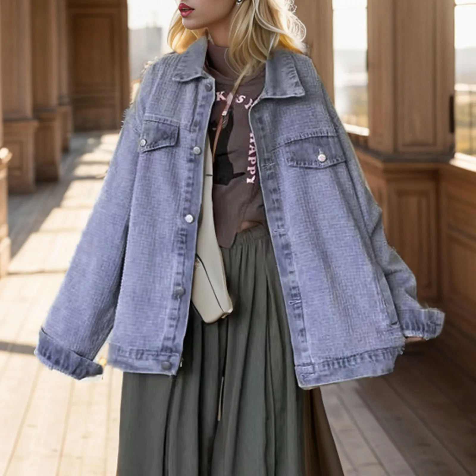 

Women Denim Jackets Korean Fashion Lapel Single Breasted Solid Color Denim Coat Spring Autumn All-Match Pocket Jean Jacket