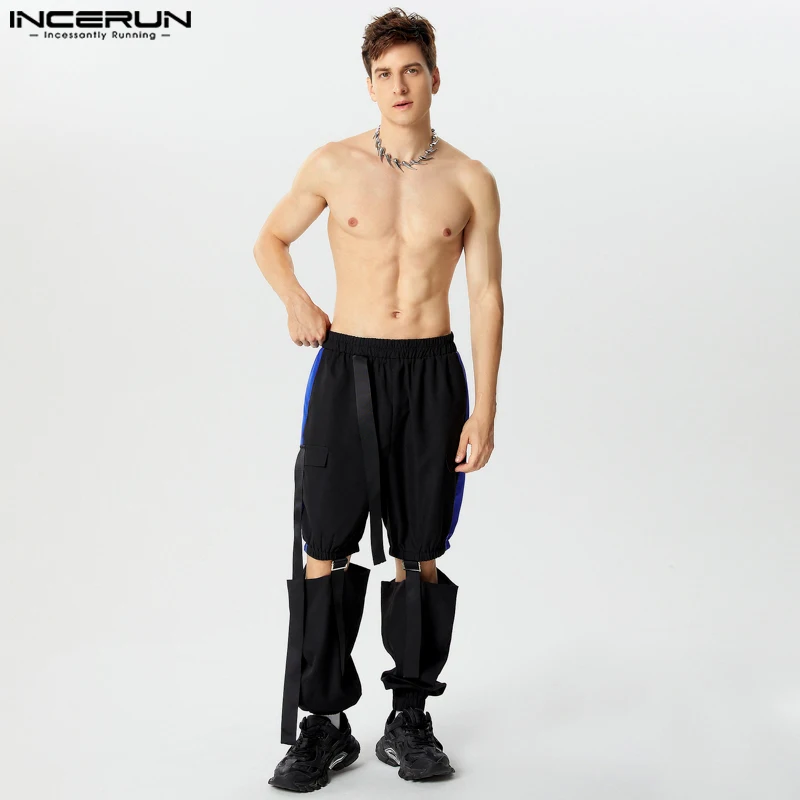 INCERUN 2024 American Style Trousers Sexy Stylish Men's Deconstructive Pantalons Male City Walk Ribbon Contrast Hollow Long Pant