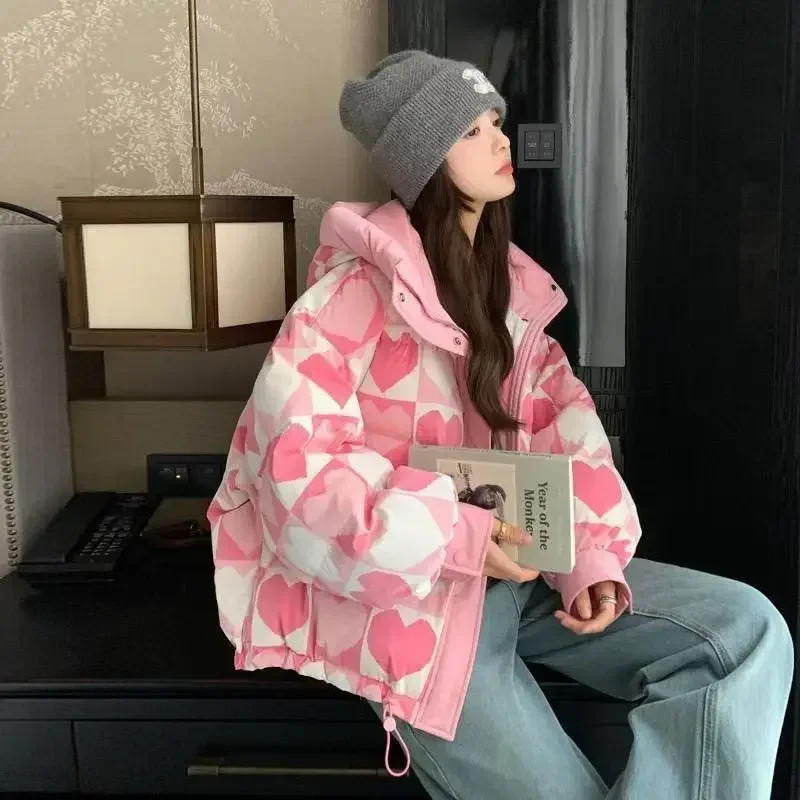 New Korean Version Loose Short  Pink Love Printed Cotton-padded Jacket Female Winter 2024 Korean Sweet Coat Female Fashion