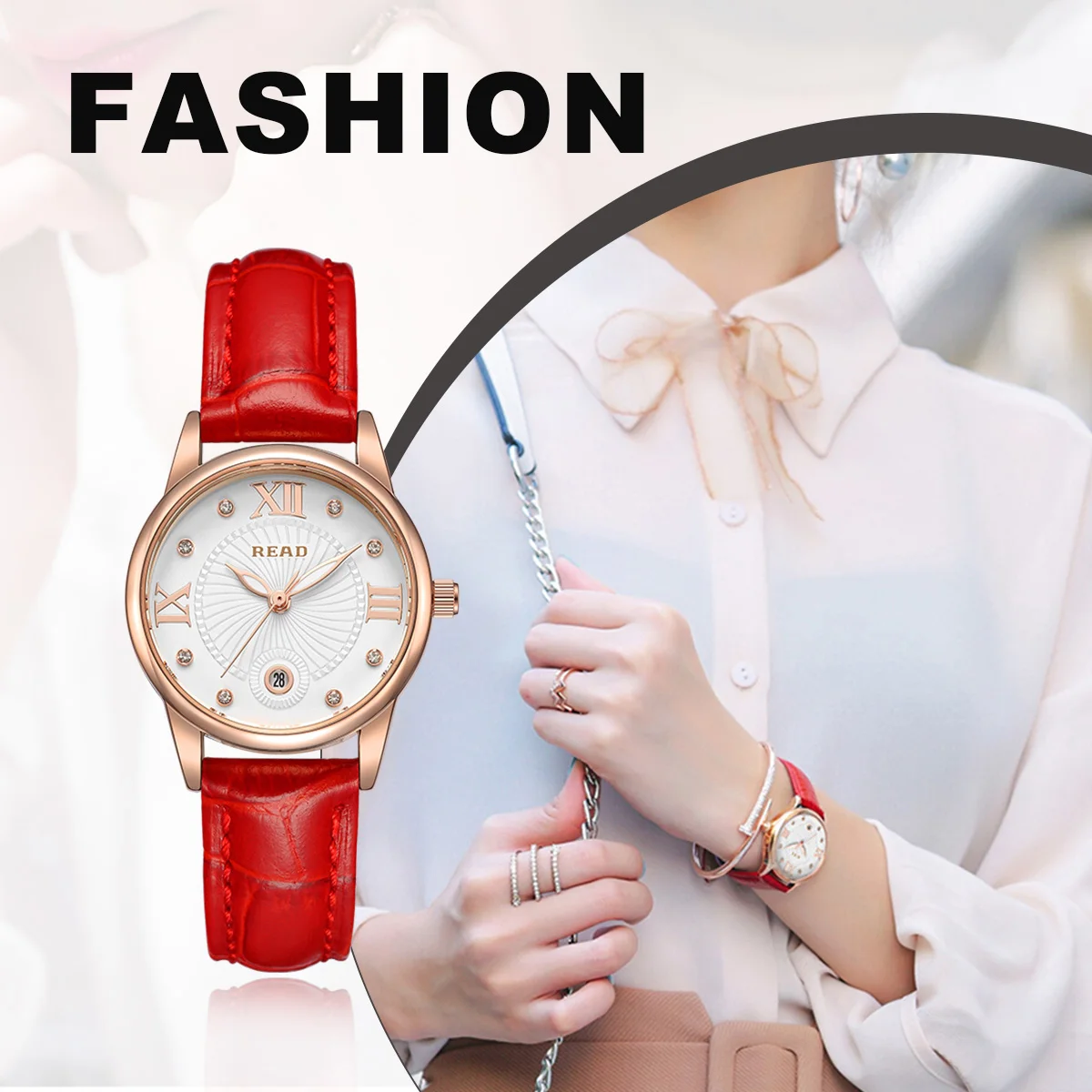 READ Women Analog Quartz Watch | Red Leather Strap | Day Date Display | Roman Numeral Dial | Daily Water Resistant Dress Watch