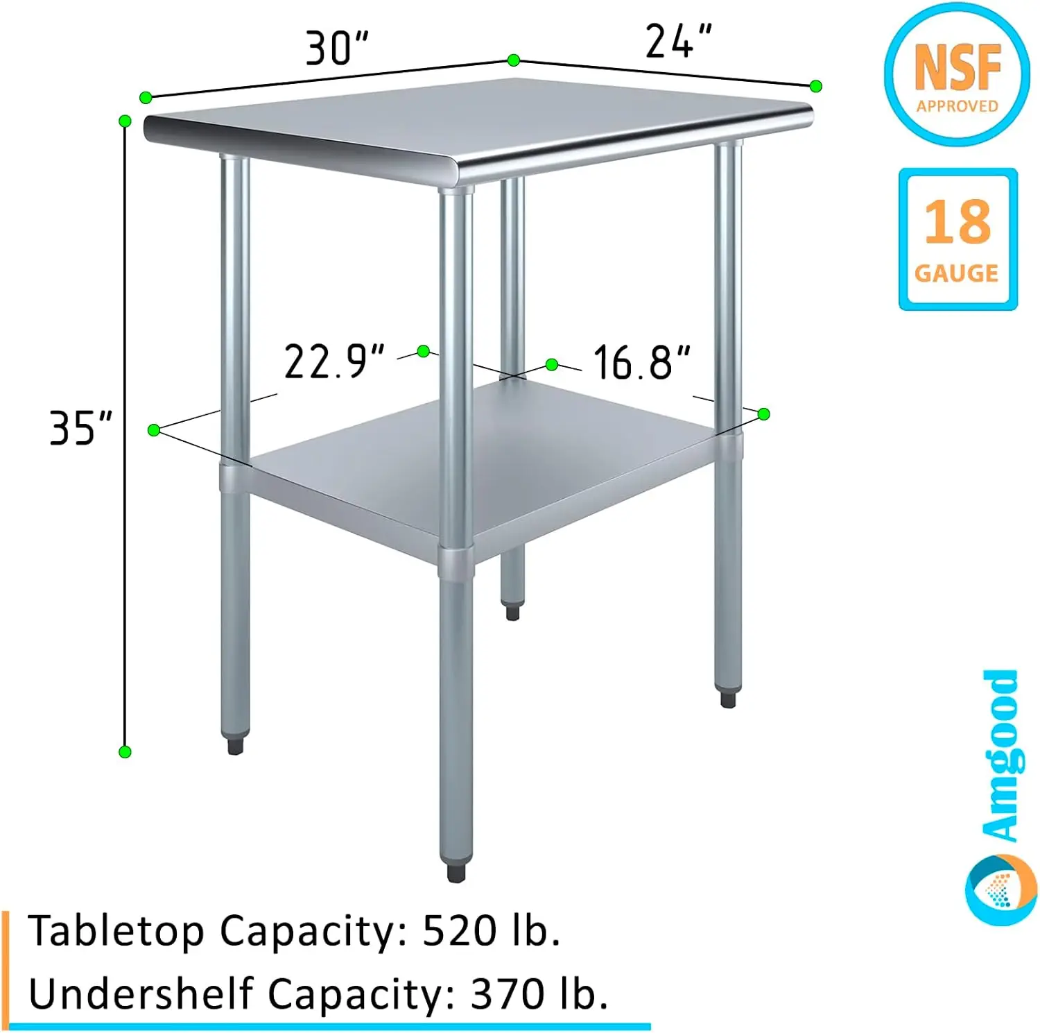 Table de travail en acier inoxydable, table utilitaire en métal, table en acier inoxydable, 30 po de long x 24 po de profondeur