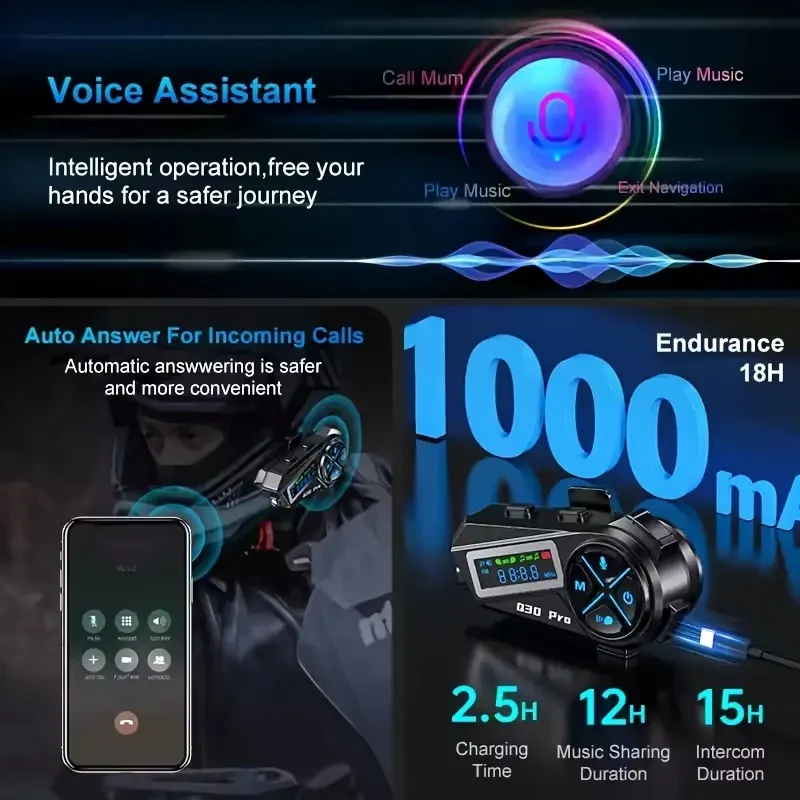 Q30Pro دراجة نارية خوذة بلوتوث سماعة رأس لجهاز الاتصال الداخلي راديو FM LED الإضاءة IP56 مقاوم للماء صوت مساعد 500 متر البيني #3