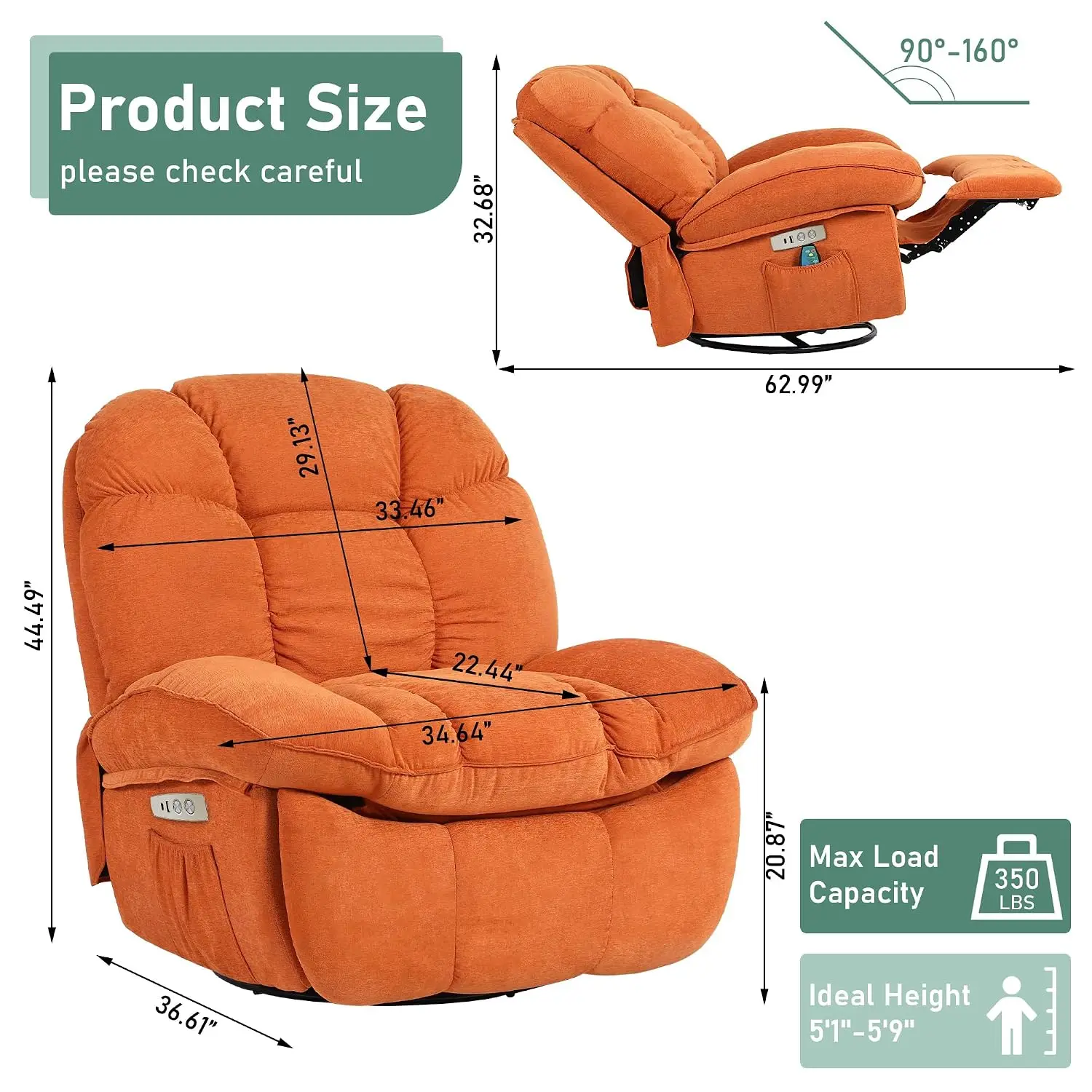 Power Recliner Swivel Rocker Massage Heat Electric USB Type-C Living Room Bedroom Chenille Orange, Customized
