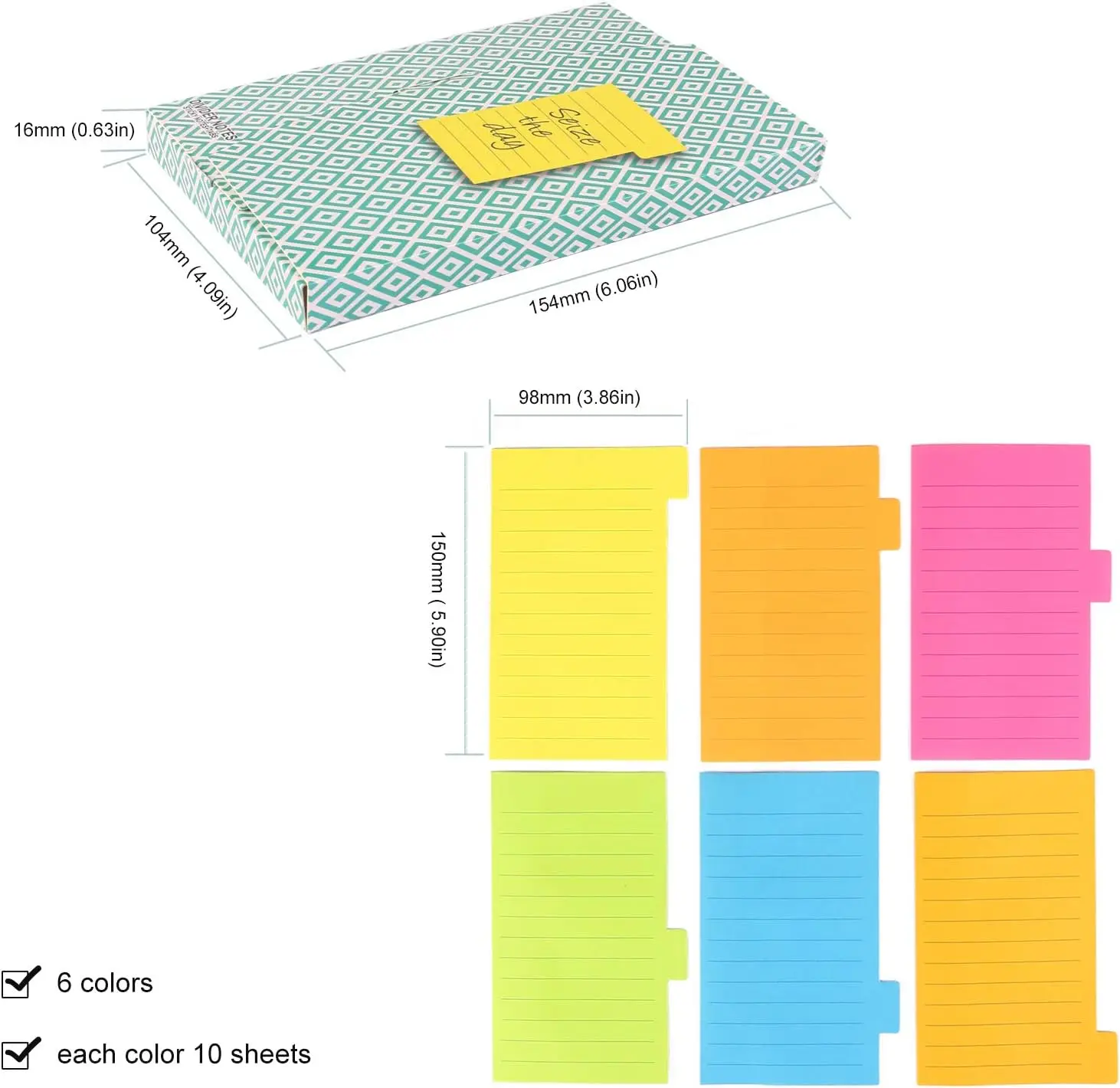 Eagle Divider Sticky Notes, Self-Stick Lined Note Tabs, Bookmark Index, 4X6-Inches, 60 Ruled Notes per Pack, Assorted 6 Neon Col