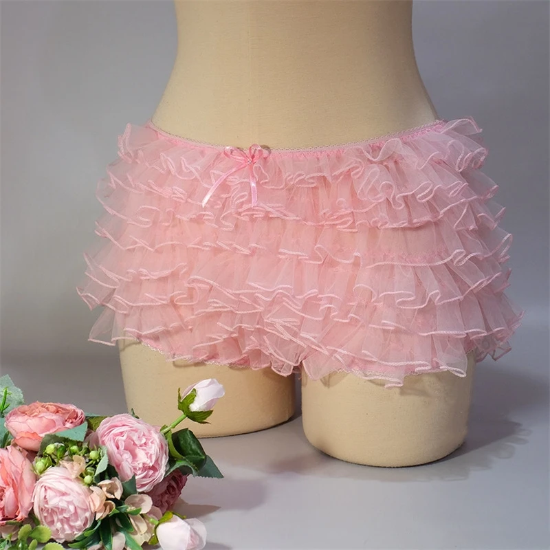 Lamuusaa y2k Ruffled Shorts Women Coquette Aesthetic Multi Layer Mesh Short Pants with Bow Sweet Kawaii Fairycore Bloomers