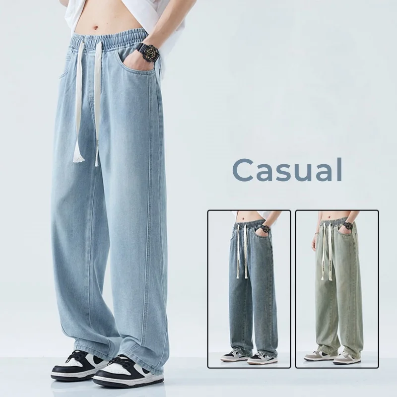 

2025 New Jeans Men's Loose Casual Wide Pants Fashion Solid Color Straight Drawstring Male Denim Trousers Streetwear