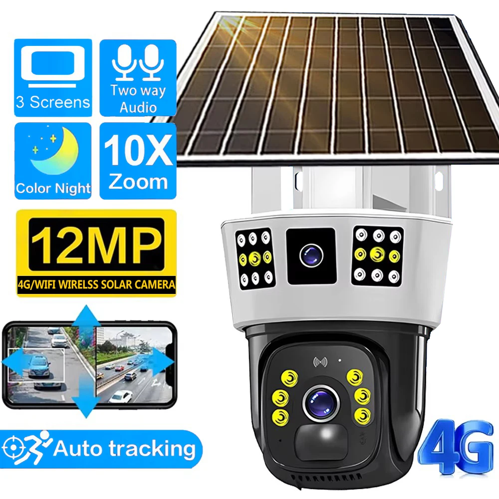 6K 12MP HD Solar Camera 4G SIM Card Wifi Outdoor IP Wireless Security CCTV Surveillance PTZ Night Vision PIR Human Detection Cam