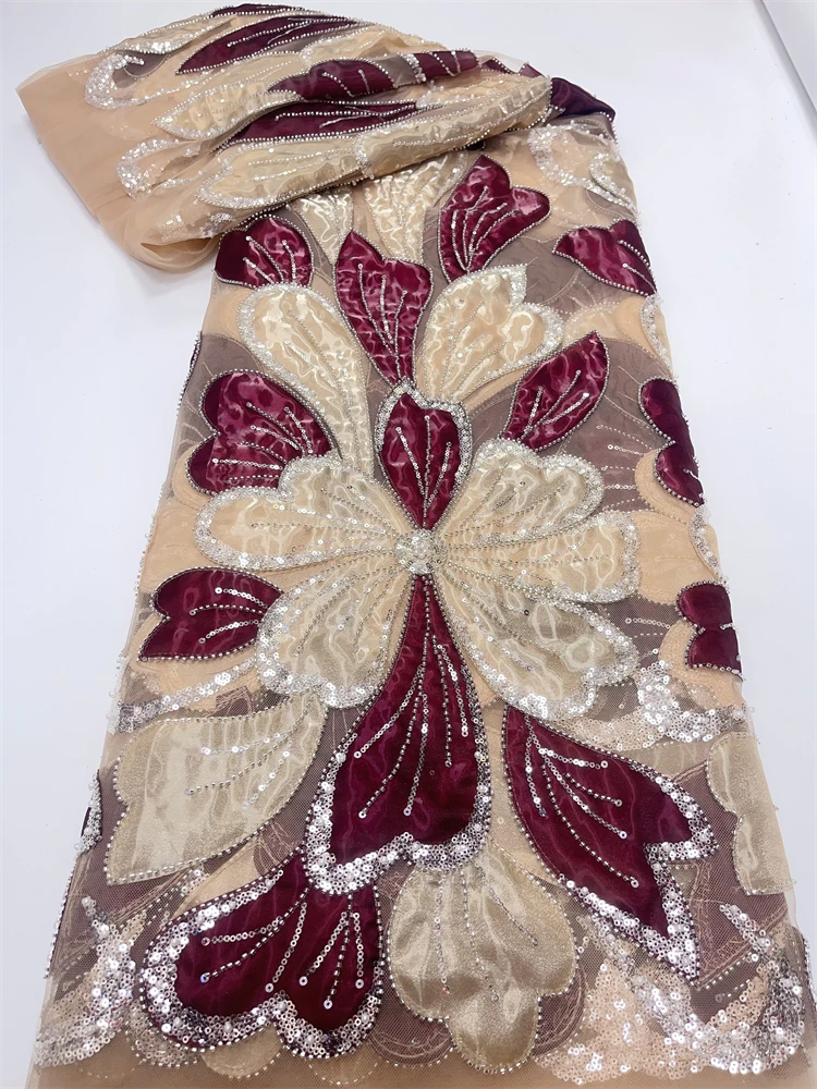 

Роскошная африканская тюль с бисером, кружевная ткань 2026, нигерийская кружевная ткань ручной работы с тяжелыми блестками и жемчугом, свадебные платья