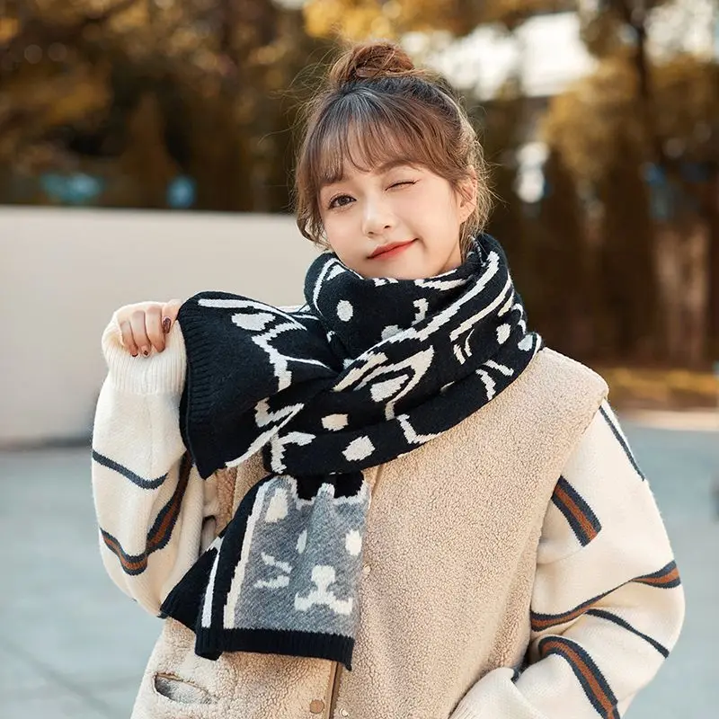 Winter New Couple Scarf Woolen Knitted Male and Female Student Scarf Cat Cute Cartoon Versatile Thickening