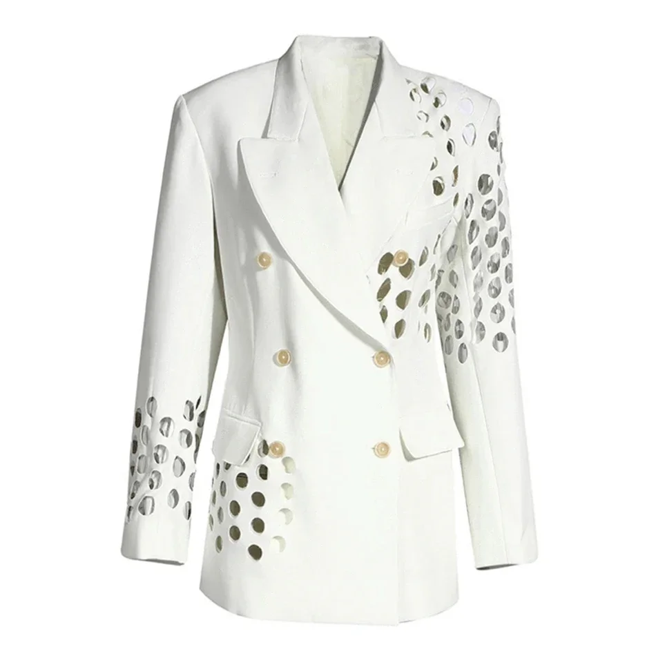 Black White Hollow Out Double Breasted Blazer New Lapel Long Sleeve Slim Jacket Casual Fashion Female Autumn 2024 Women Clothing