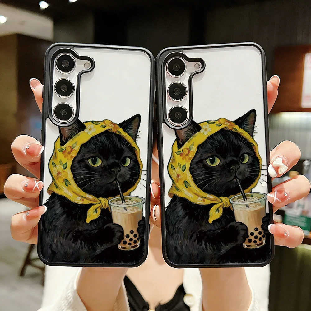 Funny Black Cat Boba Tea Pattern Phone Case For Samsung Galaxy S26 S25 S24 S23 Ultra A57 A56 A26 A05 A34 A14 5G Cases for S24 FE