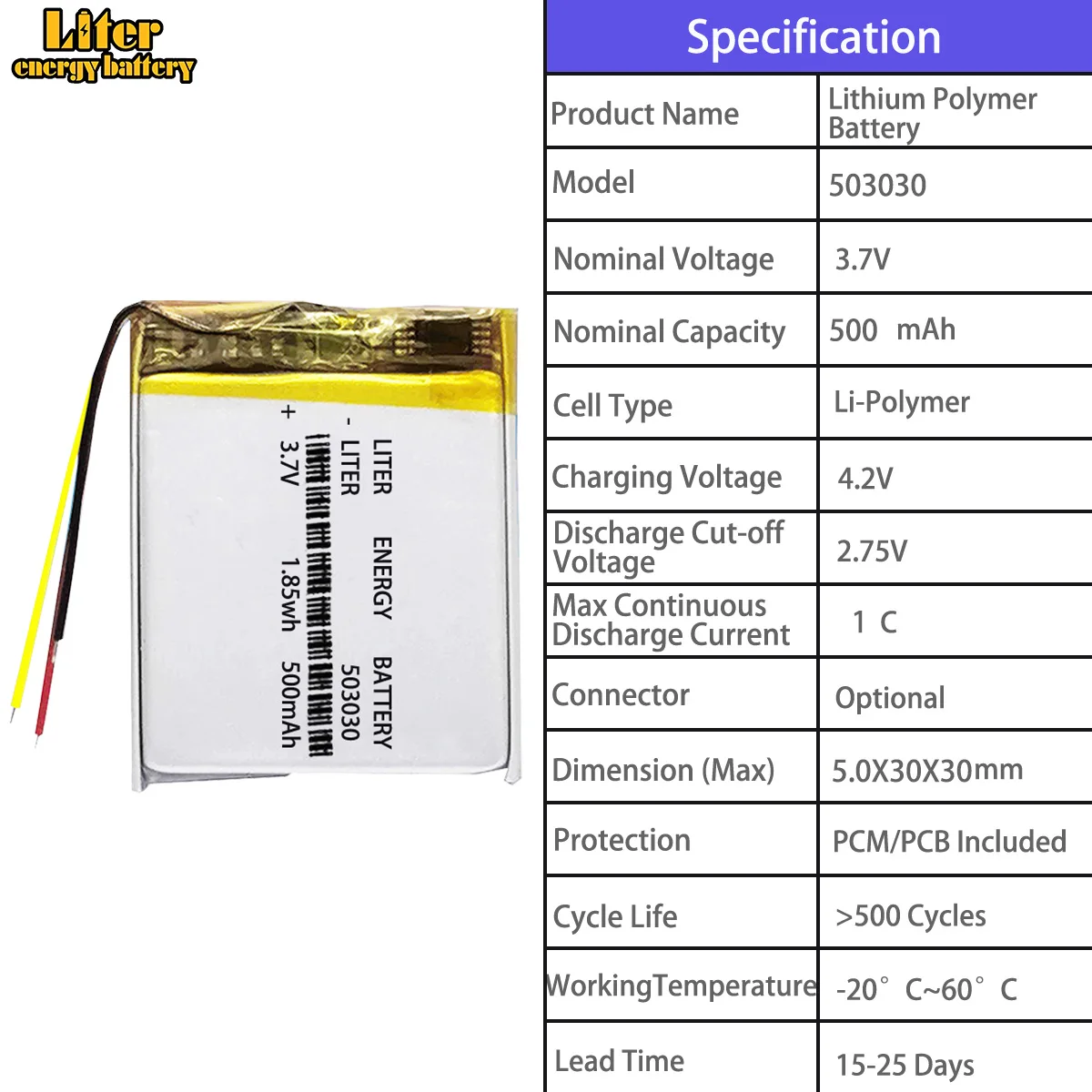 3 line Polymer battery 503030 3.7v 500mah 453030 smart home MP3 speakers Li-ion battery for dvr,GPS,mp3,mp4,cell phone,speaker