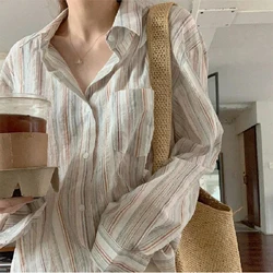 Vintage Striped Shirt Women Fashion Elegant Long Sleeve Turn Down Collar Loose Tops Korean Office Ladies Thin Chic Casual Blouse