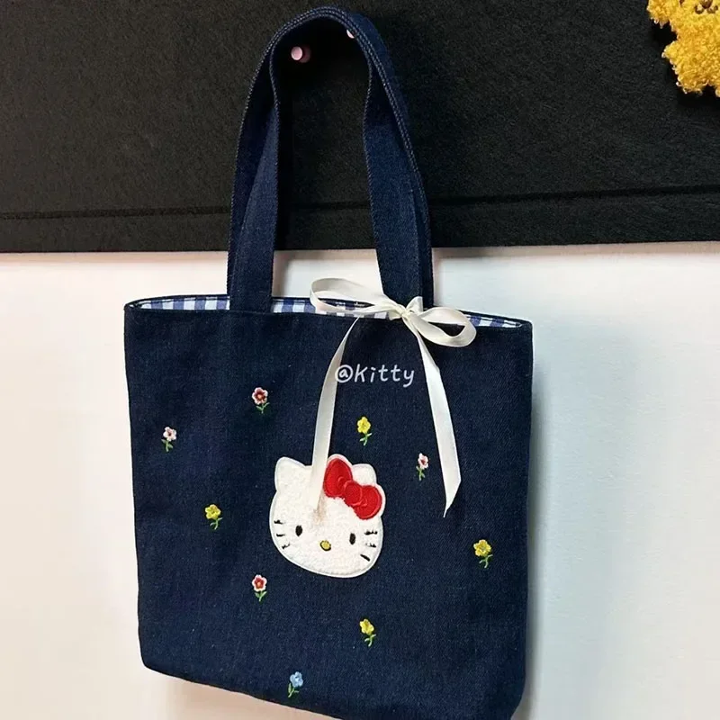 New Sanrio Hello Kittys Handbag Anime Cartoon Simple Kawaii Embroidery Flowers Office Worker Cute Versatile Cowboy Bag Girl Gift