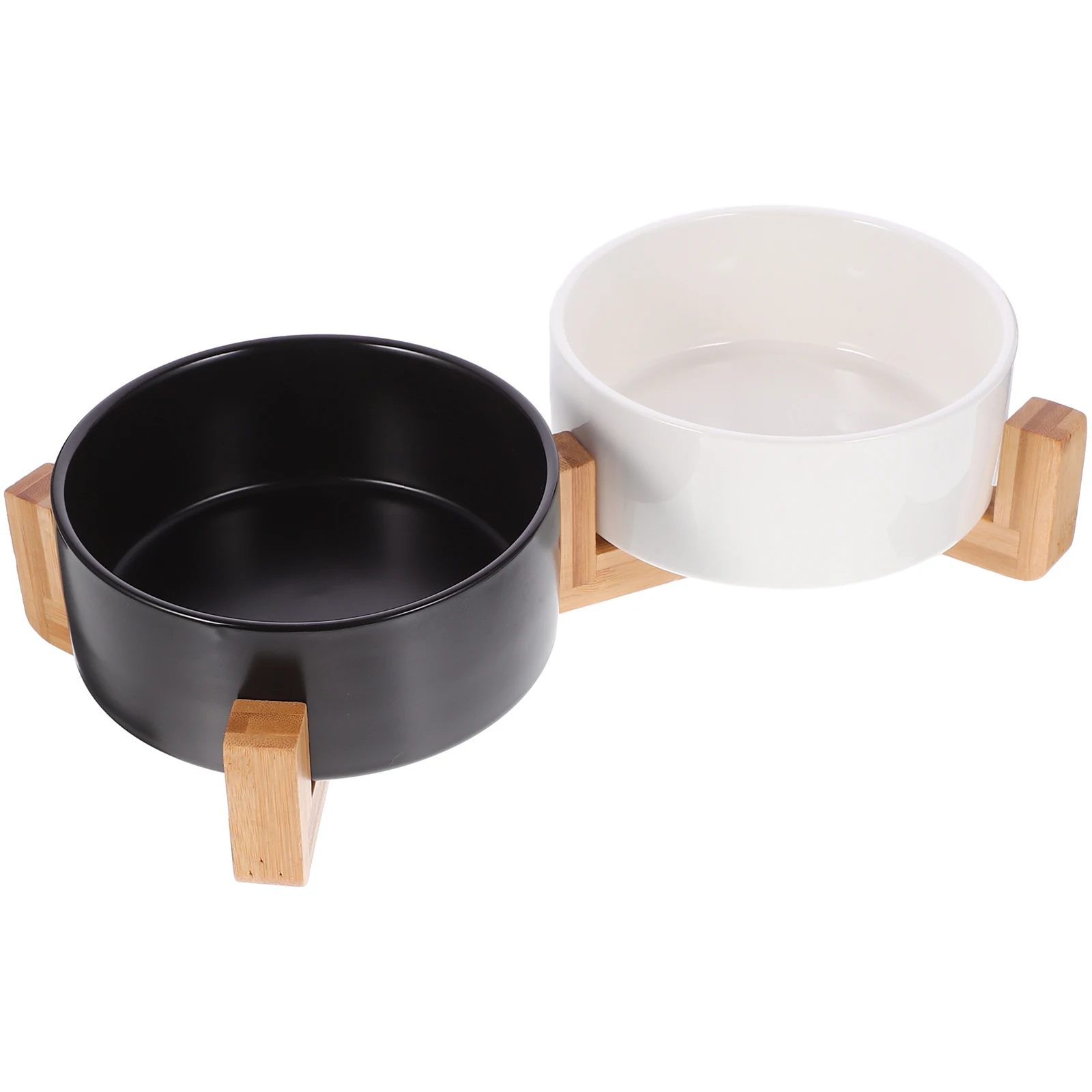 

1 set Ceramic Dual Wooden Stand Anti-slip Cat Dog Feeding Water Dishes Black White Moderate Capacity Pet Dog Bowl Bowl