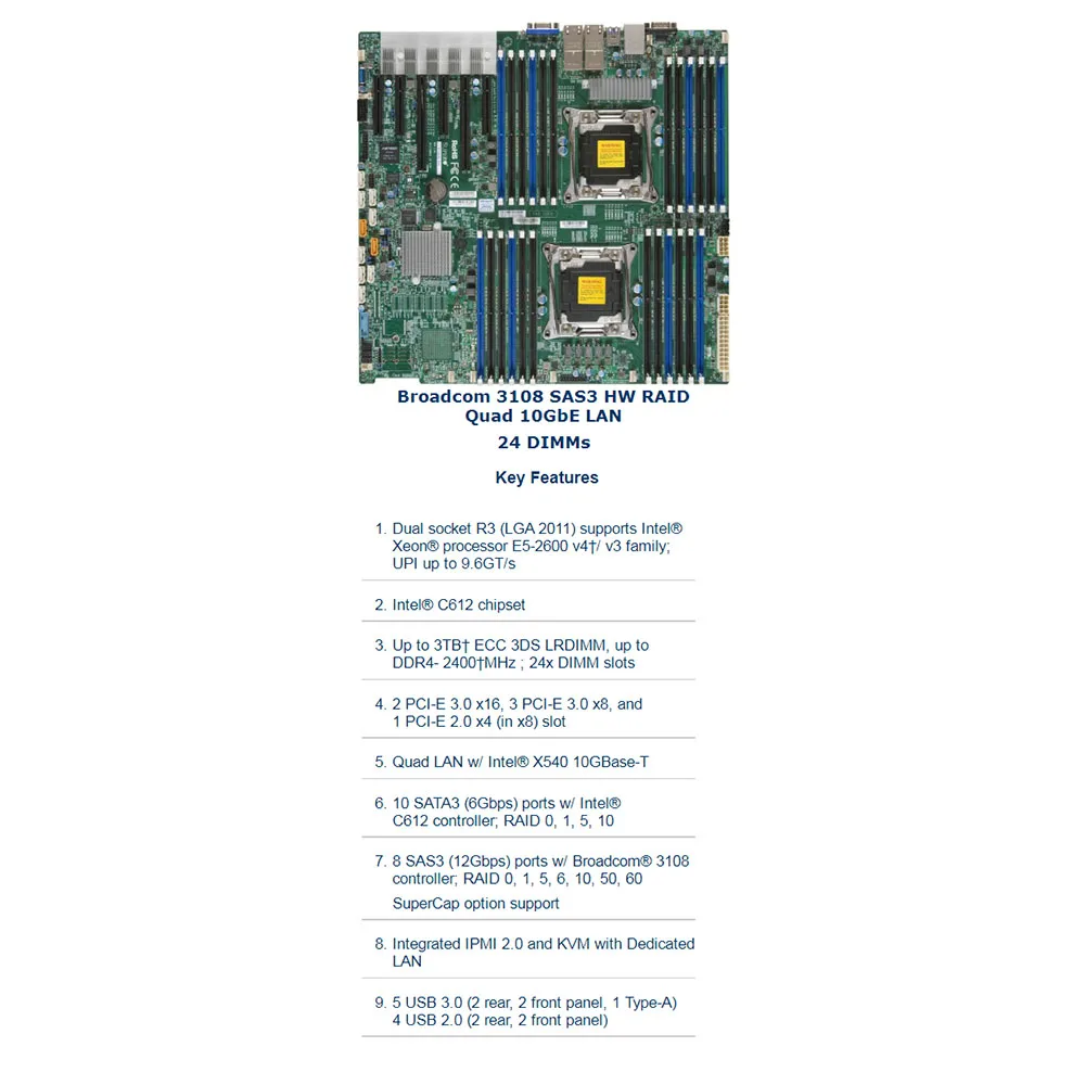 For Supermicro Workstation E-ATX Motherboard LGA 2011-3 C612 Xeon E5-2600 v3/v4 Family DDR4 PCI-E 3.0 X10DRC-T4+