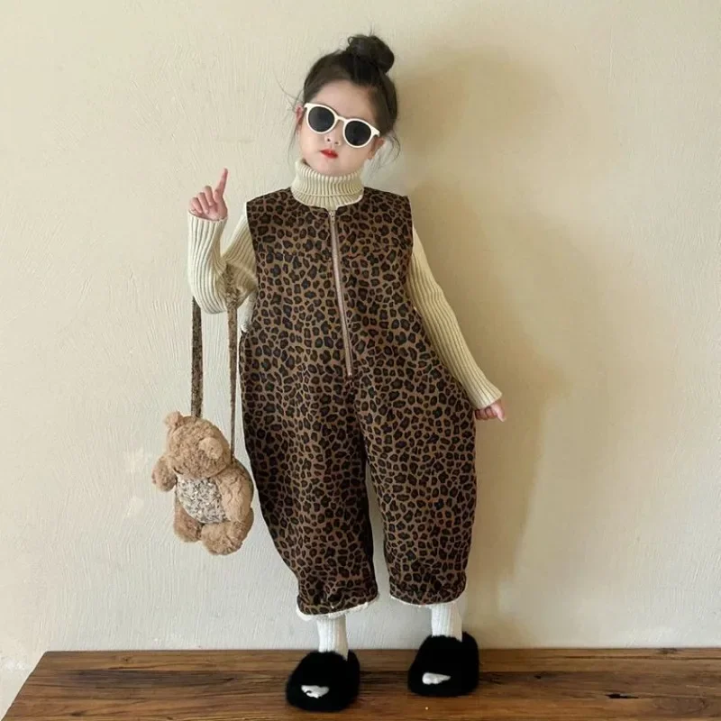 Korean Autumn Winter Kids Velvet Leopard Print Jumpsuit Thick Warm Baby Boys Romper Clothes Infant Baby Girls Overalls Onesie