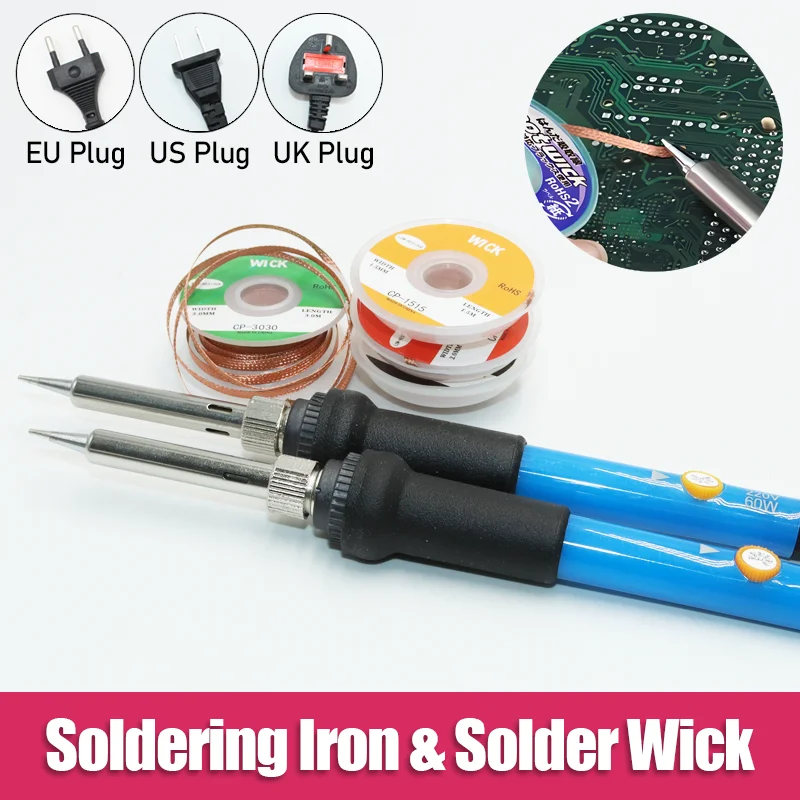 Desoldering Braid Copper Mesh and Electric Soldering Iron 60W Solder Remover Wick Wire Welding Tin Flux for PCB Soldering Tools