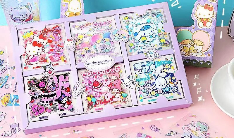 60Sheet/Box Sanrio Sticker Kawaii Hello Kitty Kuromi Cinnamoroll Melody Hand Account Material Decoration DIY Stickers Kids Toys