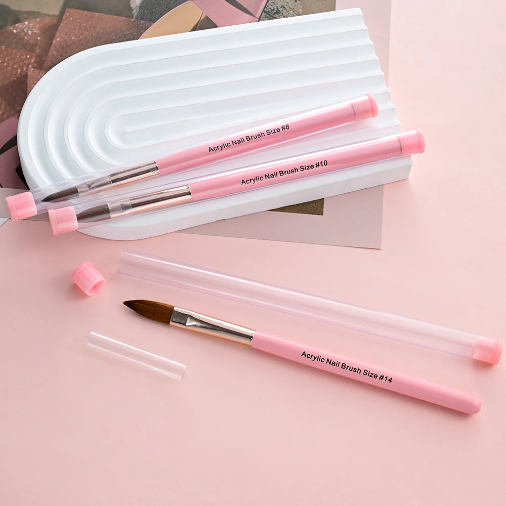 3Pcs 8/10/14# Kolinsky Acrylic Nail Brush Poly Extension Gel Brush Nail Polish Carving Pen Pink Wooden Rod Nail Art Crystal Pen