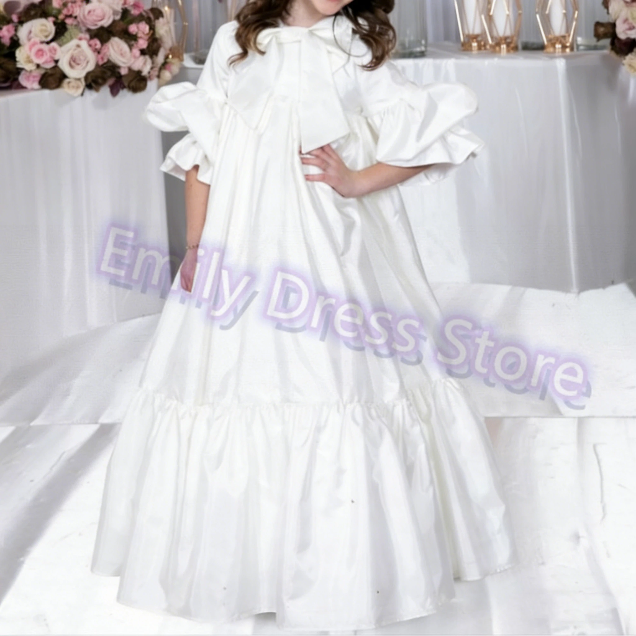 

Индивидуальное белое платье для девочки-цветочницы на свадьбу, пышное атласное элегантное детское платье для дня рождения, первого причастия, бальное платье