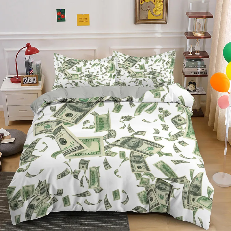 3D Modern Bedding Set Dollar Motif Printed Duvet Cover Vivid Comforter Cover 3 Pieces Money Maths Pattern Funny Soft Bed Set