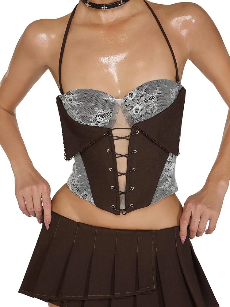 

Sisterlinda Hottie 2 Piece Set Women Trend Lace Patchwork Halter Bandage Hollow Shirring Tank Top+Irregular Skirt Party Suit