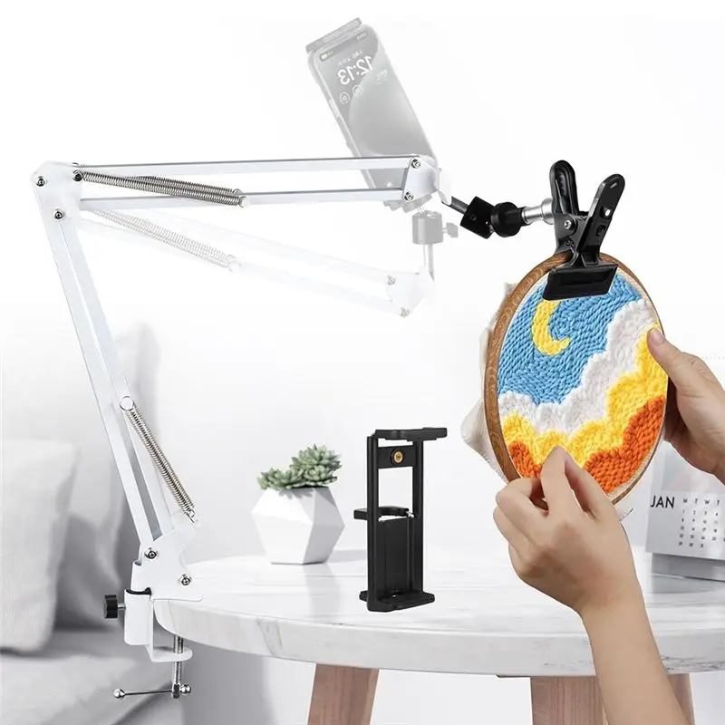 

Superior AA63 White Adjustable Embroidery Hoop Stand For Handwork, 3 In 1 Hoop/Tablet/Phone Holder Desktop Stand, Needlework Fra