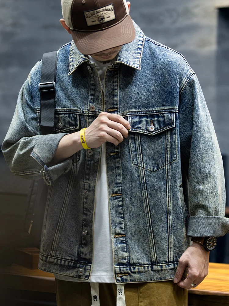 New 2026 Men's Denim Jacket Loose Fit Spring Autumn Multi-Pocket Workwear Jacket Trendy Casual Versatile Cotton Blend Jacket