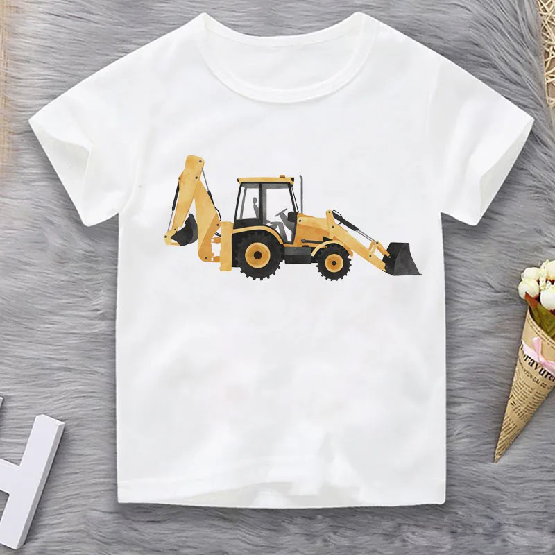 Excavator Bulldozer Toy Family Round Neck Printed T-shirt Short Sleeve Children Girl  Kids Clothes